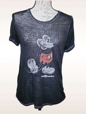 Walt Disney World Black Burnout Distressed Mickey Shirt Women’s Small Cotton